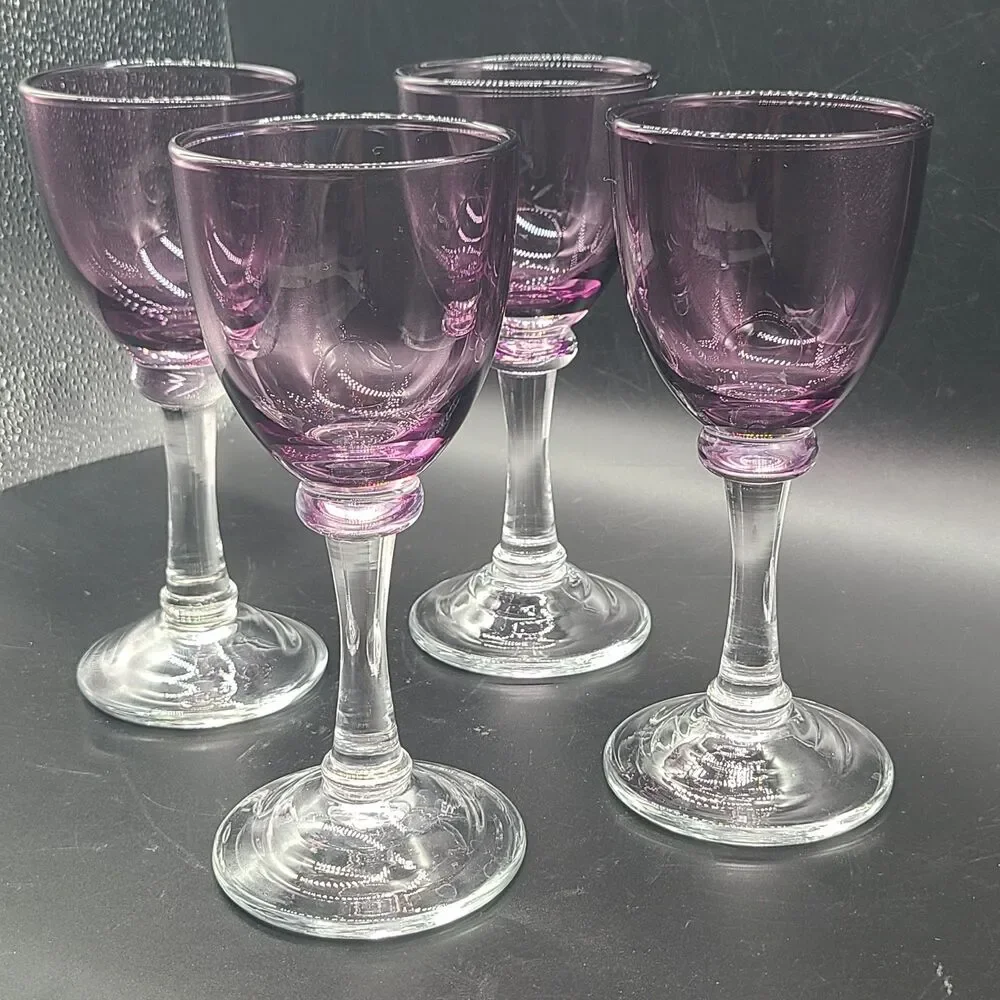 set (4) Vintage Wine Glasses  Amethyst Purple Goblets Barware 7 oz 7.75